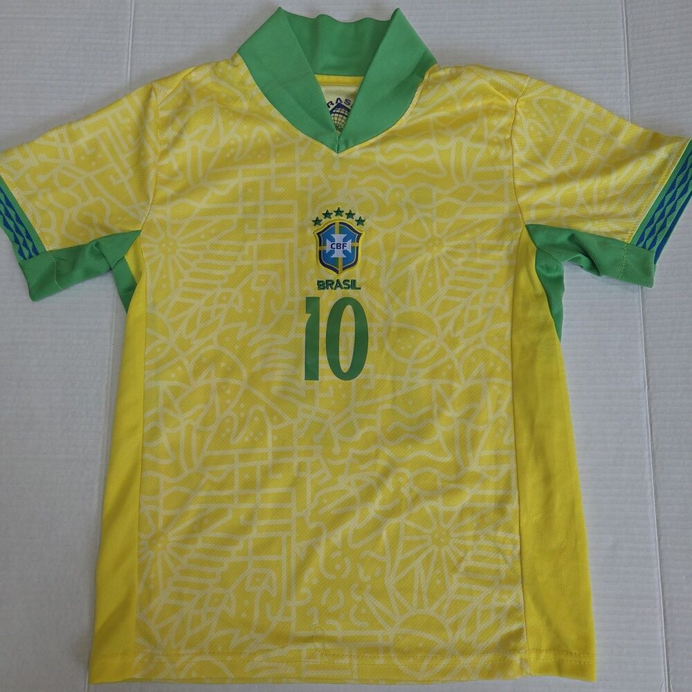Brasil Brazil Neymar Jr #10 Futbol Soccer Jersey Yellow Green Collar YOUTH Sz S